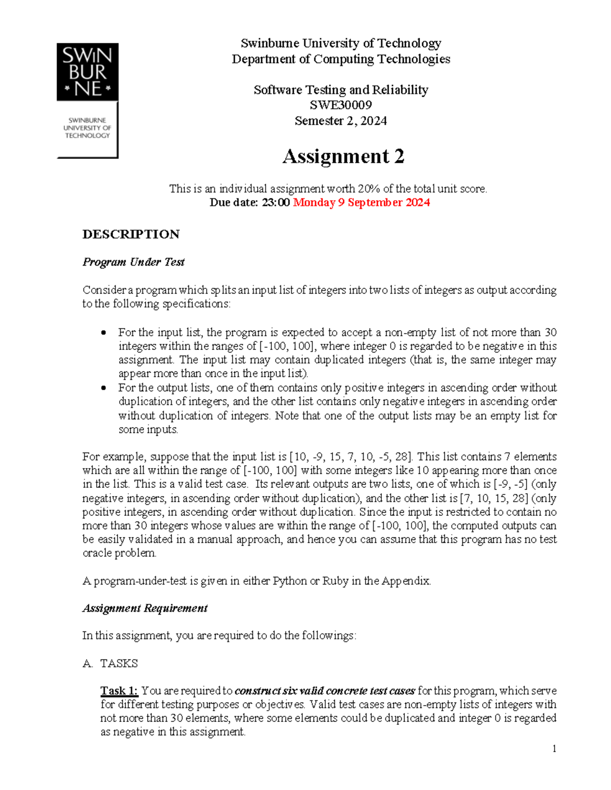 2024S2 - Assignment 2 - Swinburne University of Technology Department ...