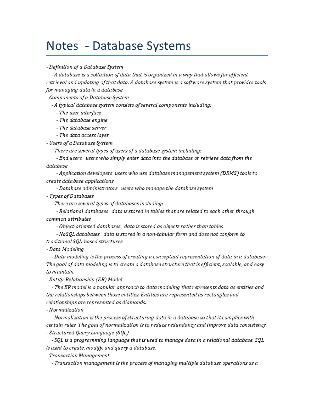 Lecture Notes - Database Systems - Notes - Database Systems Definition ...