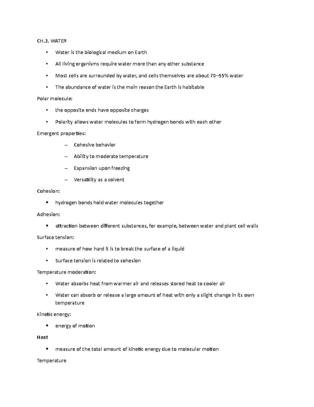 Ch 3 water and life Textbook summarized, instructor ashok CH. WATER