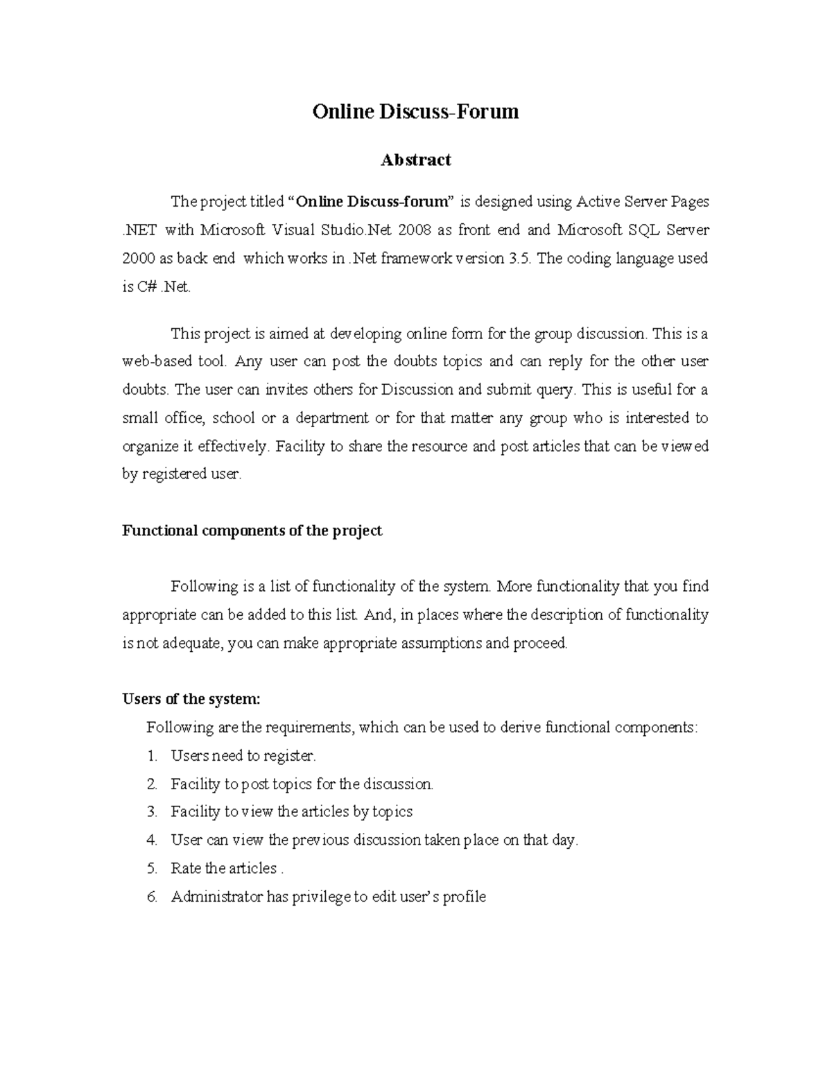 Online Discussion Forum Project Report darshan Online DiscussForum