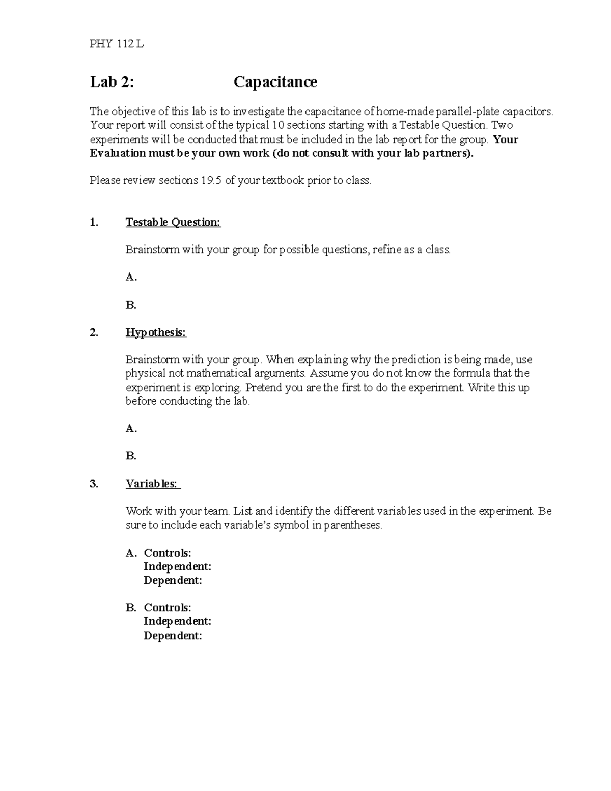 Phy112l - lab 2 of weekly lab reports - Lab 2: Capacitance The ...