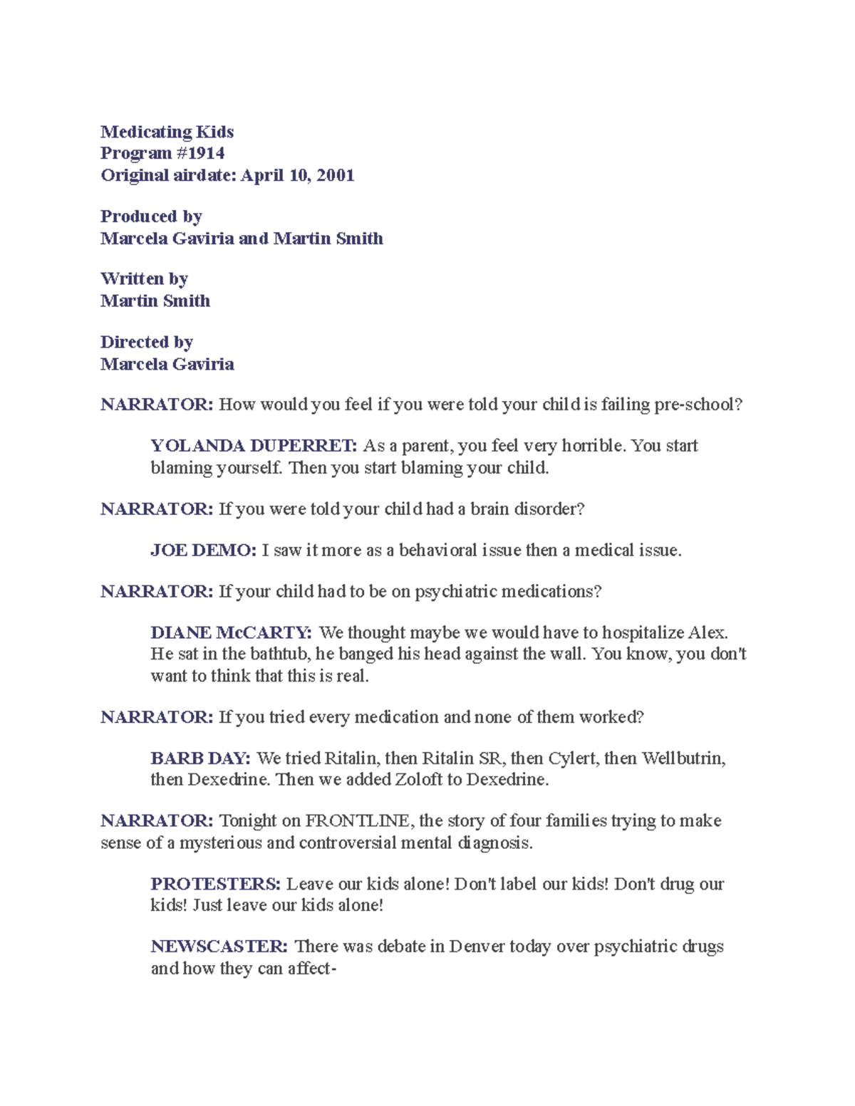 PSY 230 Medicating Kids Transcript - Medicating Kids Program # Original ...