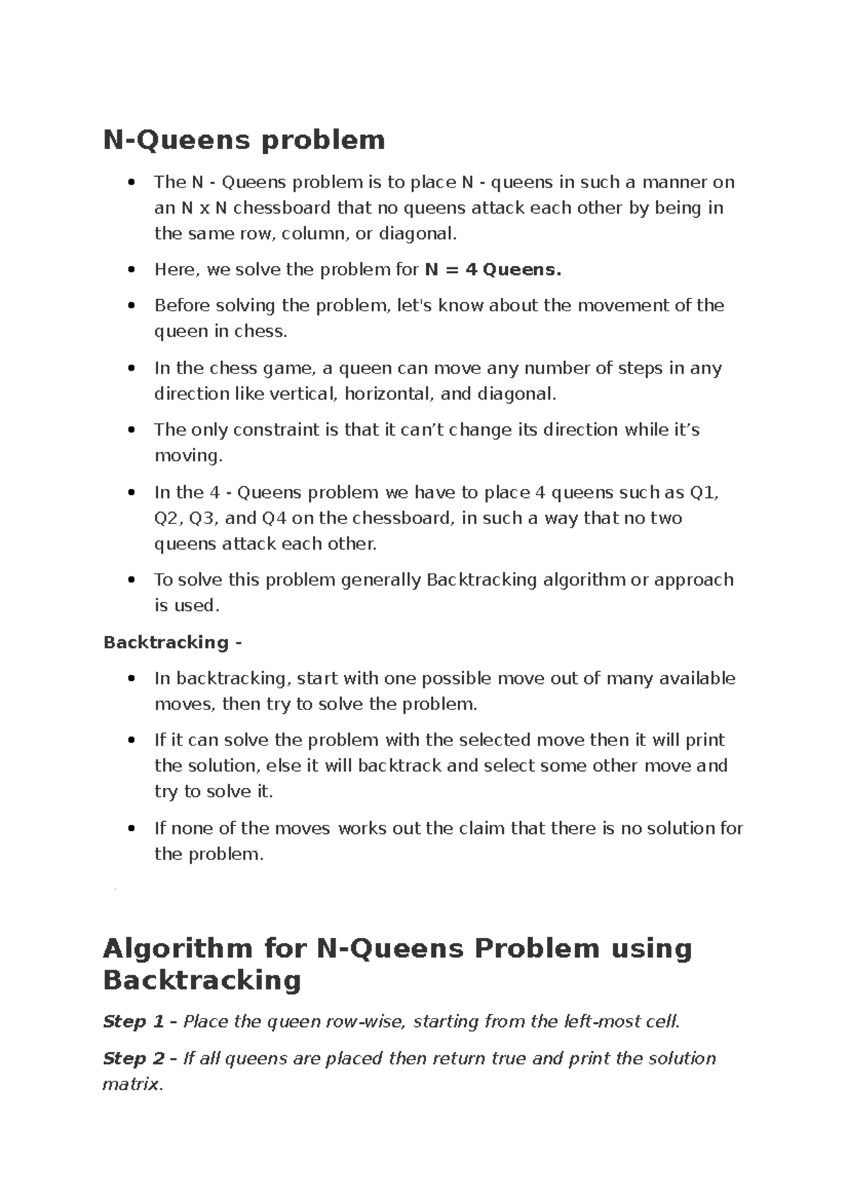 N queens problem - N-Queens problem The N - Queens problem is to place ...