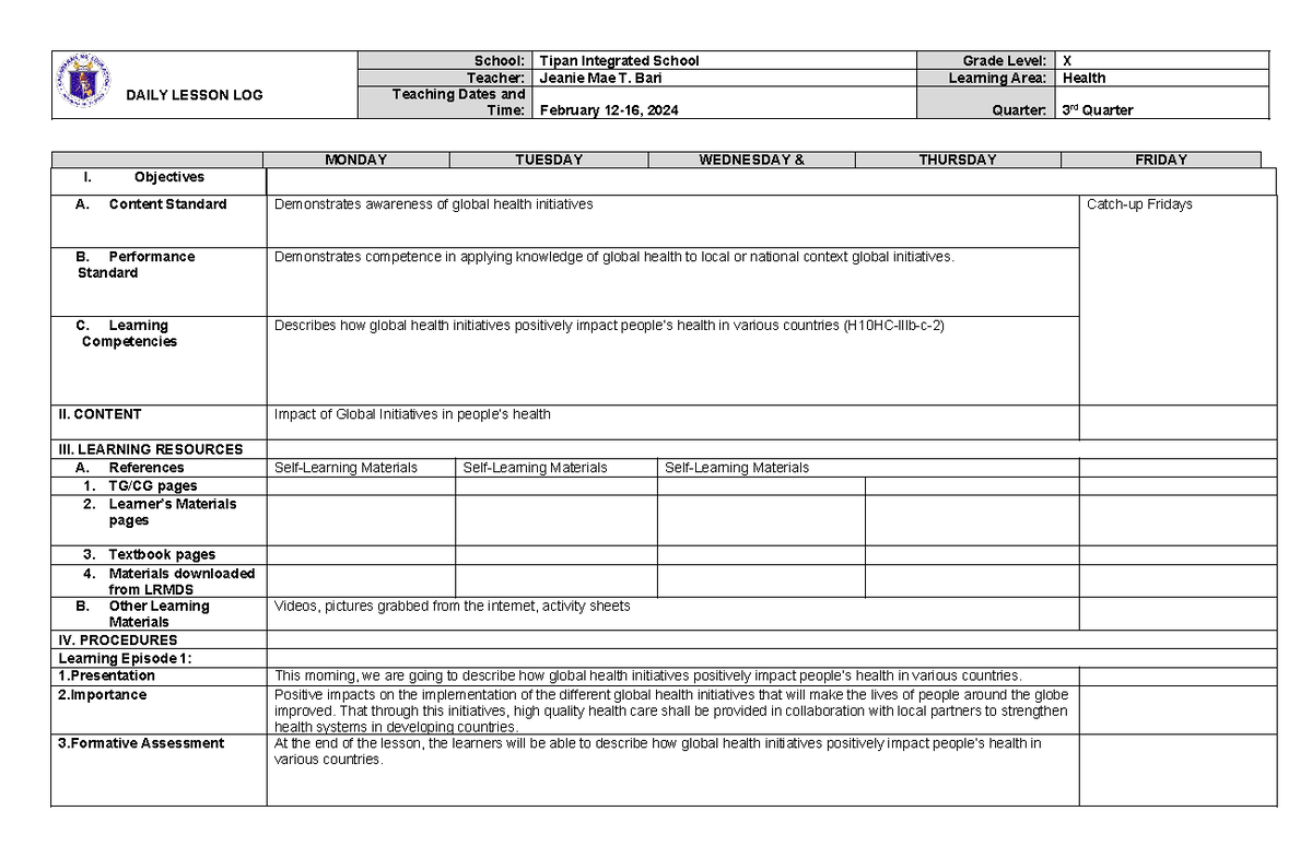 Health 10 WEEK 2 - DAILY LESSON LOG School: Tipan Integrated School ...