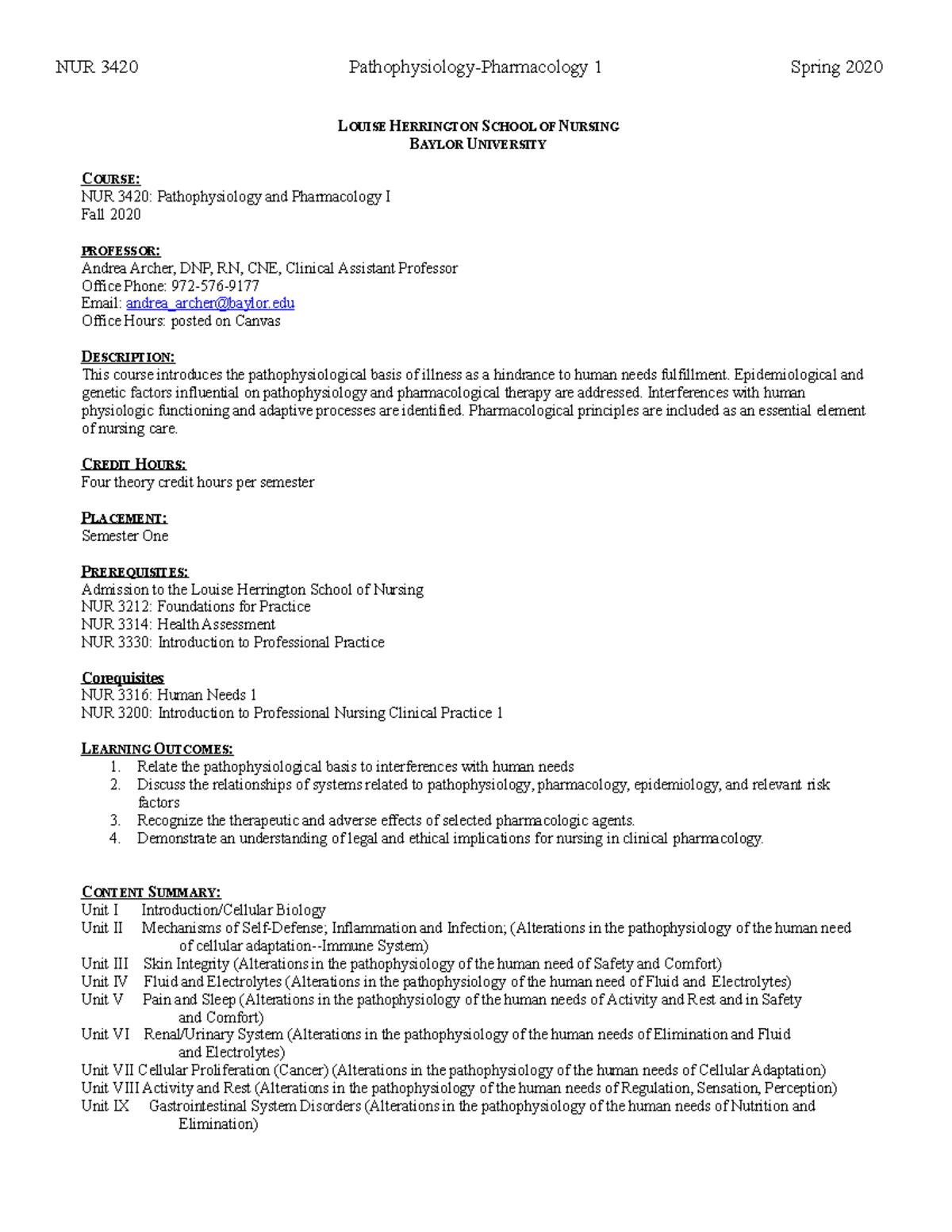 Syllabus - Summary Pathophysiology/Pharmacology I - NUR 3420 ...