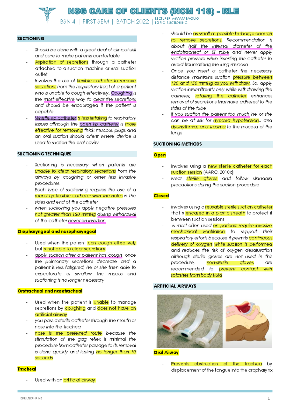 Suctioning [Notes] - BSN 4 | FIRST SEM | BATCH 2022 | TOPIC: SUCTIONING ...