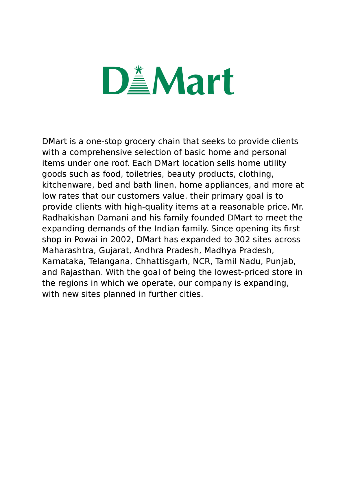 DMart Is A One - DMart Is A One-stop Grocery Chain That Seeks To ...