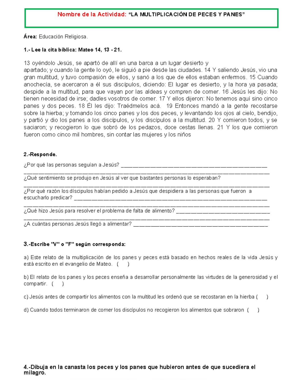 La Multiplicación De Peces Y Panes Área Educación Religiosa 1 Lee La Cita Bíblica Mateo