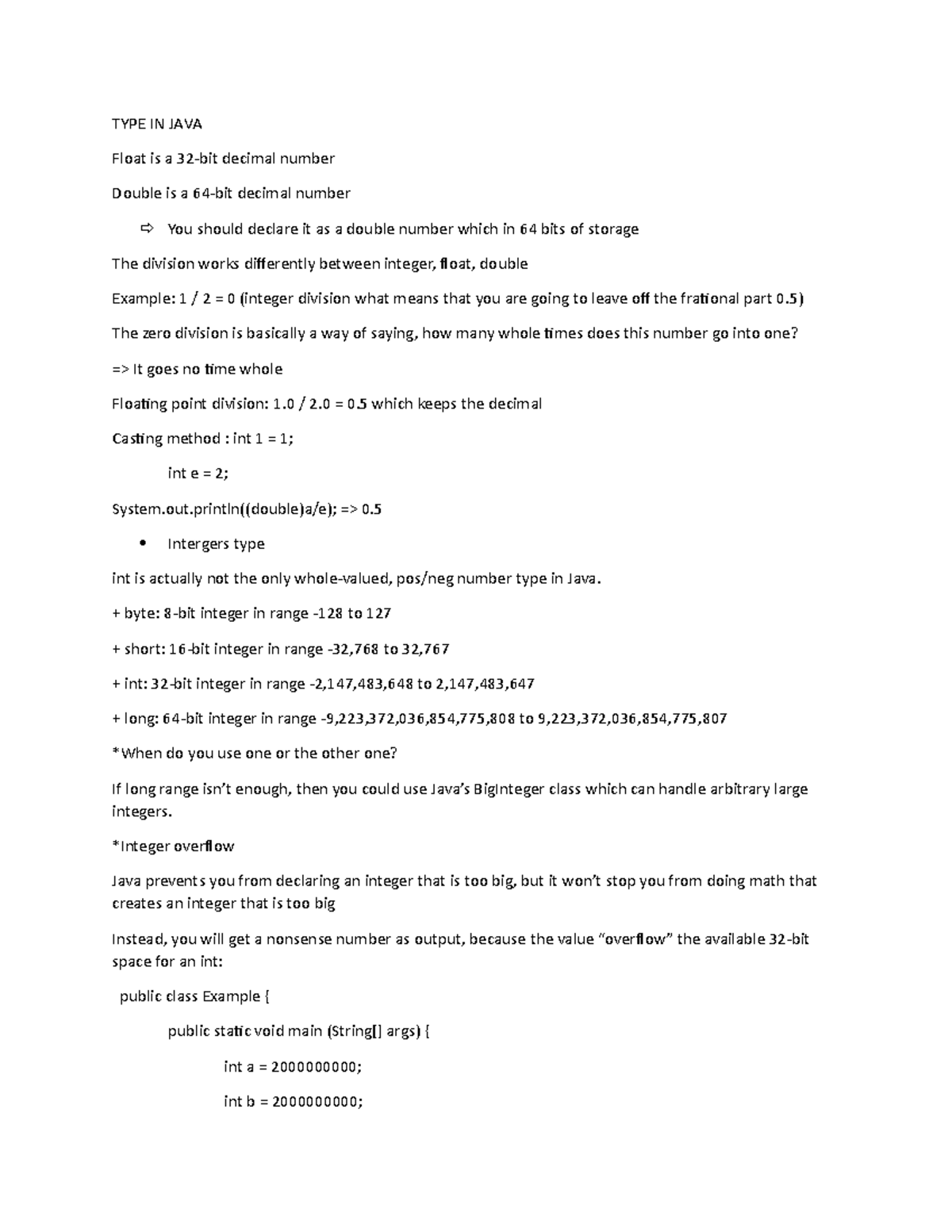 TYPE IN JAVA - You can use this note to study for the first exam - TYPE ...