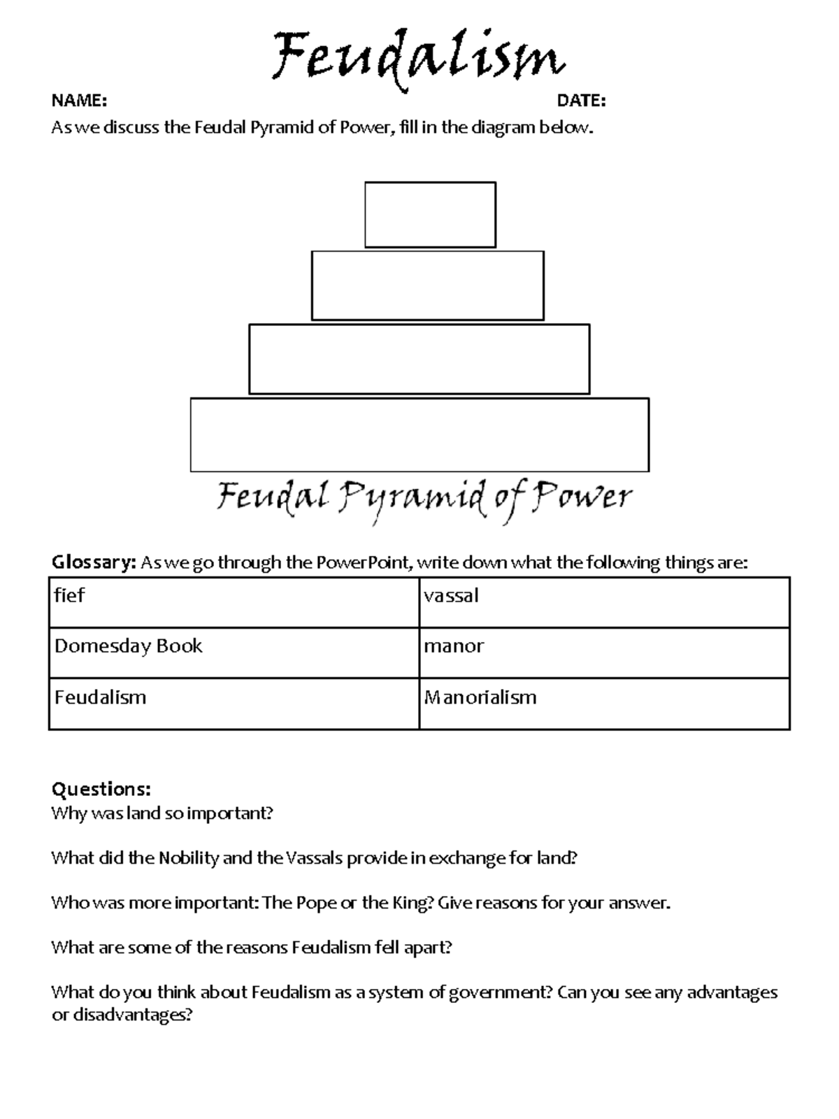 Feudalism Worksheets For PPT Glossary As We Go Through The 