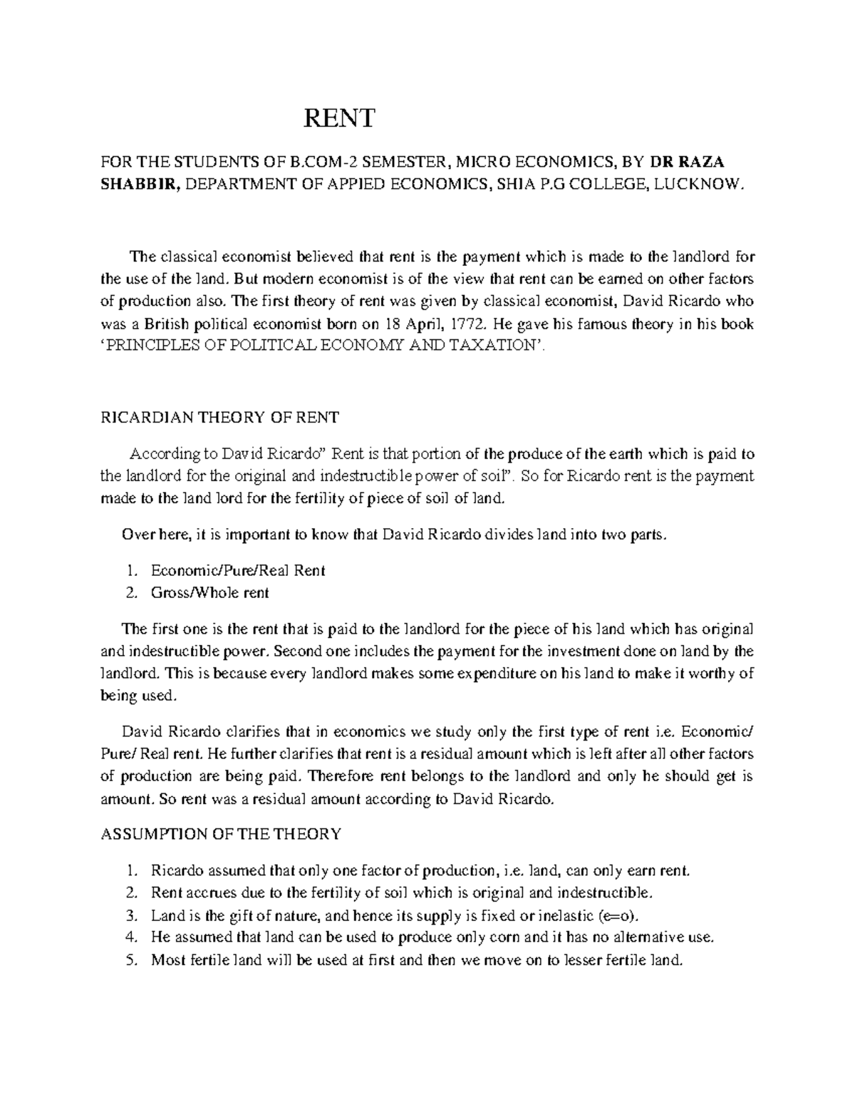 Ricardian Theory OF RENT - RENT FOR THE STUDENTS OF SEMESTER, MICRO ...