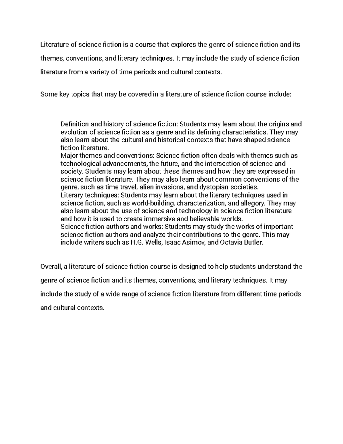 Letter 70000 - notes - Literature of science fiction is a course that ...
