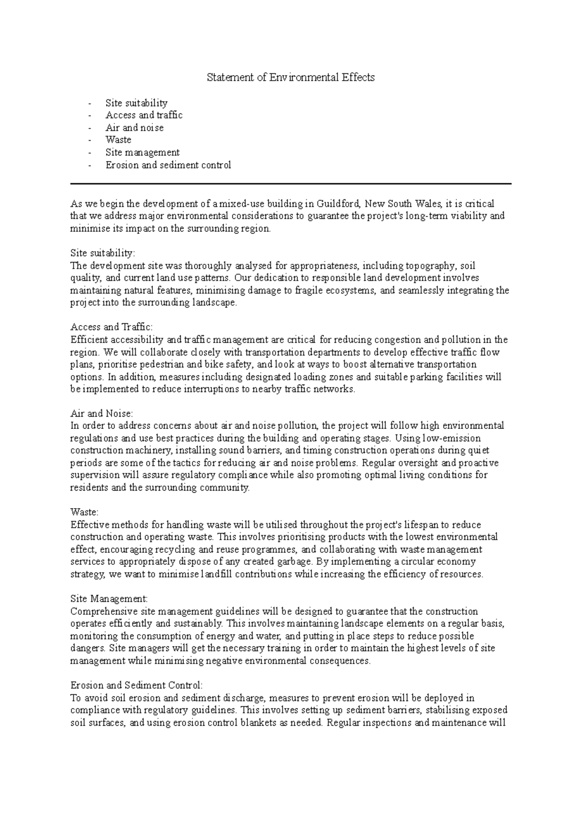 Statement of Environmental Effects - Site suitability: The development ...