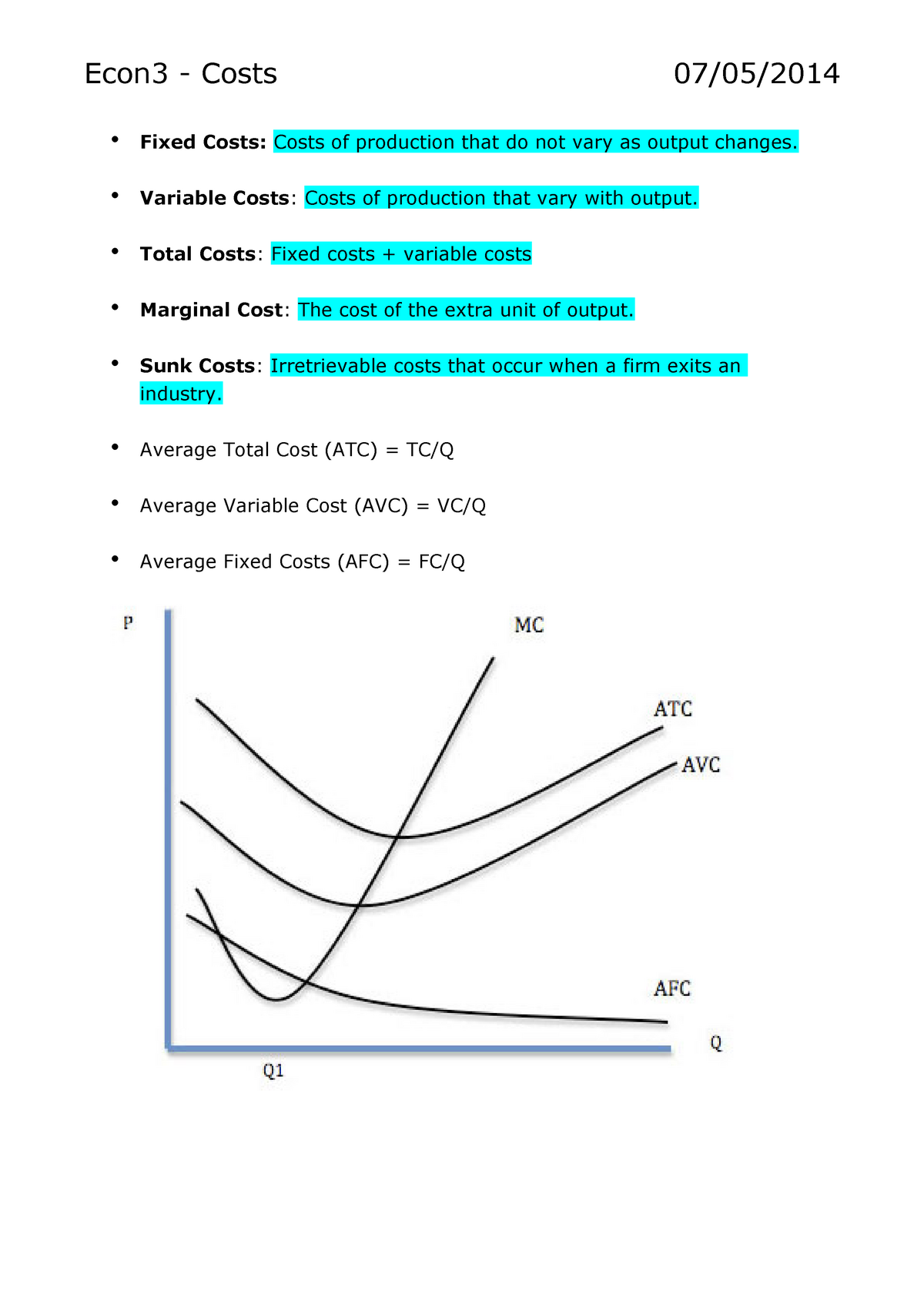 Micro Economics 1 Summary - Econ3 Costs Fixed Costs: Costs Of ...