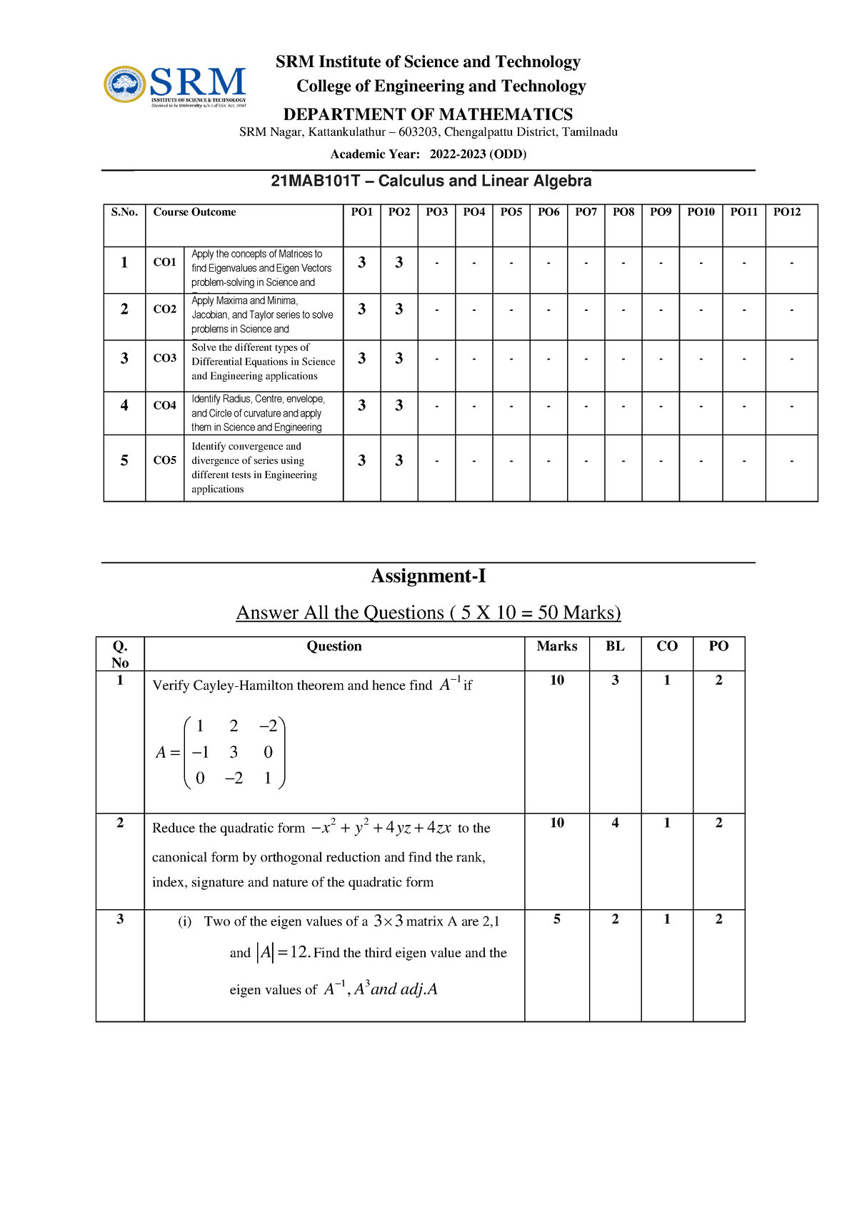 Assignment 1 21MAB101T - SRM Institute Of Science And Technology ...