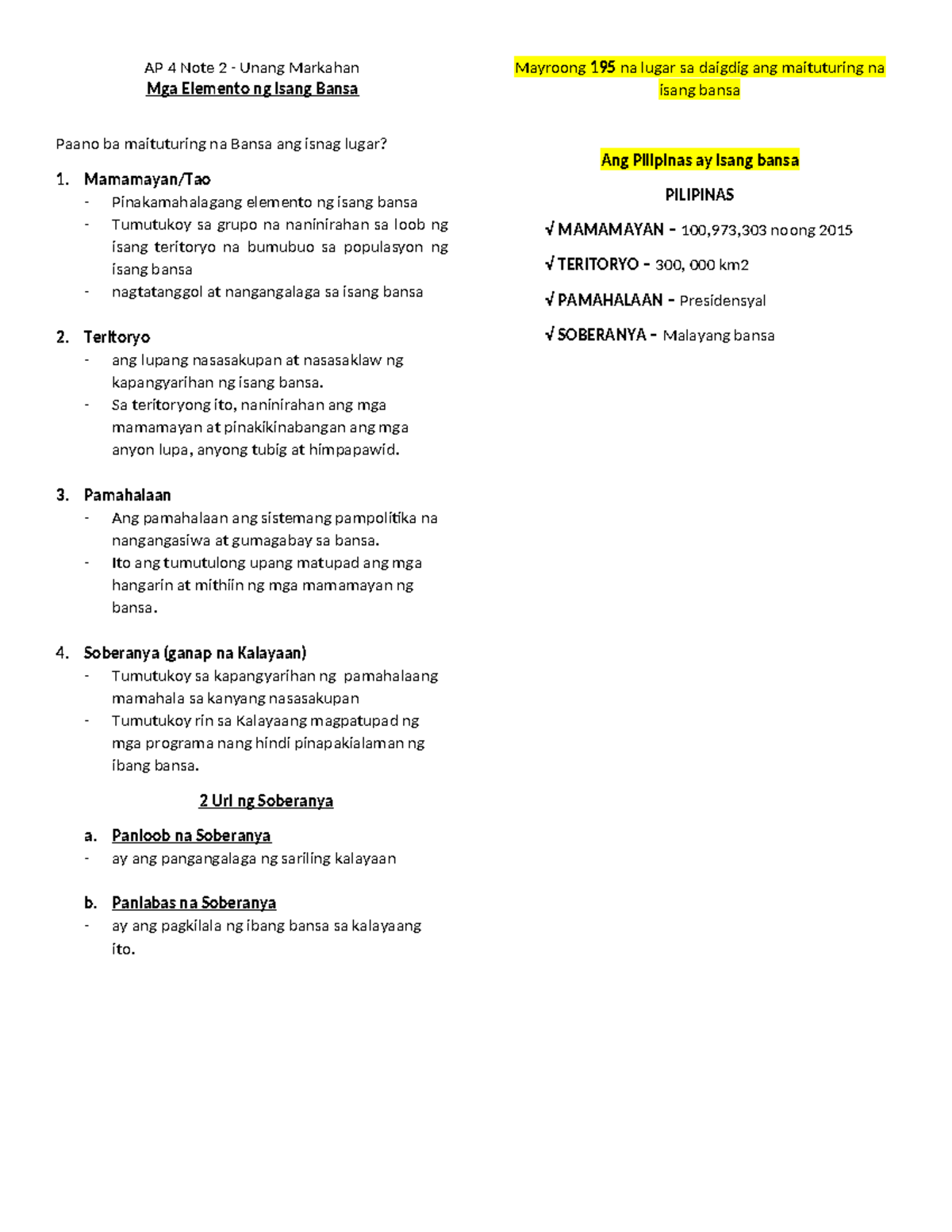 AP 4 Note 2- Mga Elemento ng Bansa - AP 4 Note 2 - Unang Markahan Mga ...