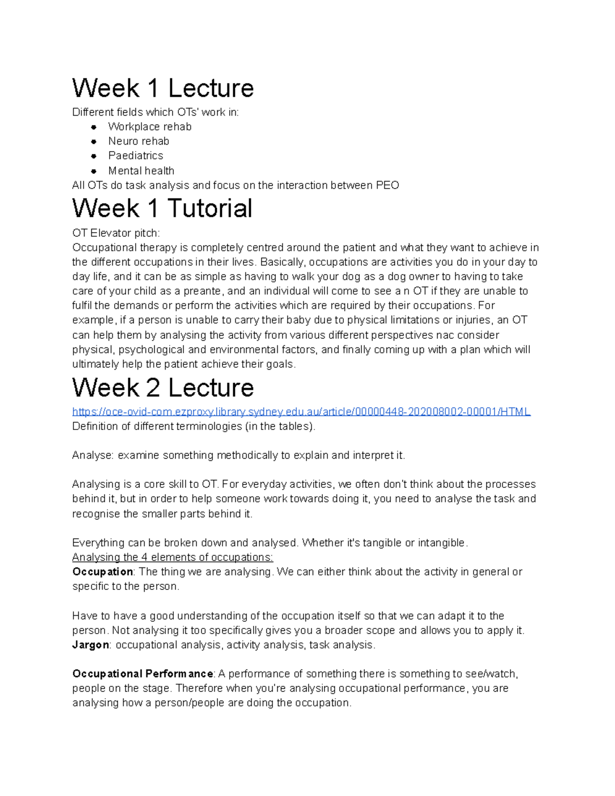 OCCP1104 Notes - Week 1 Lecture Different fields which OTs’ work in ...