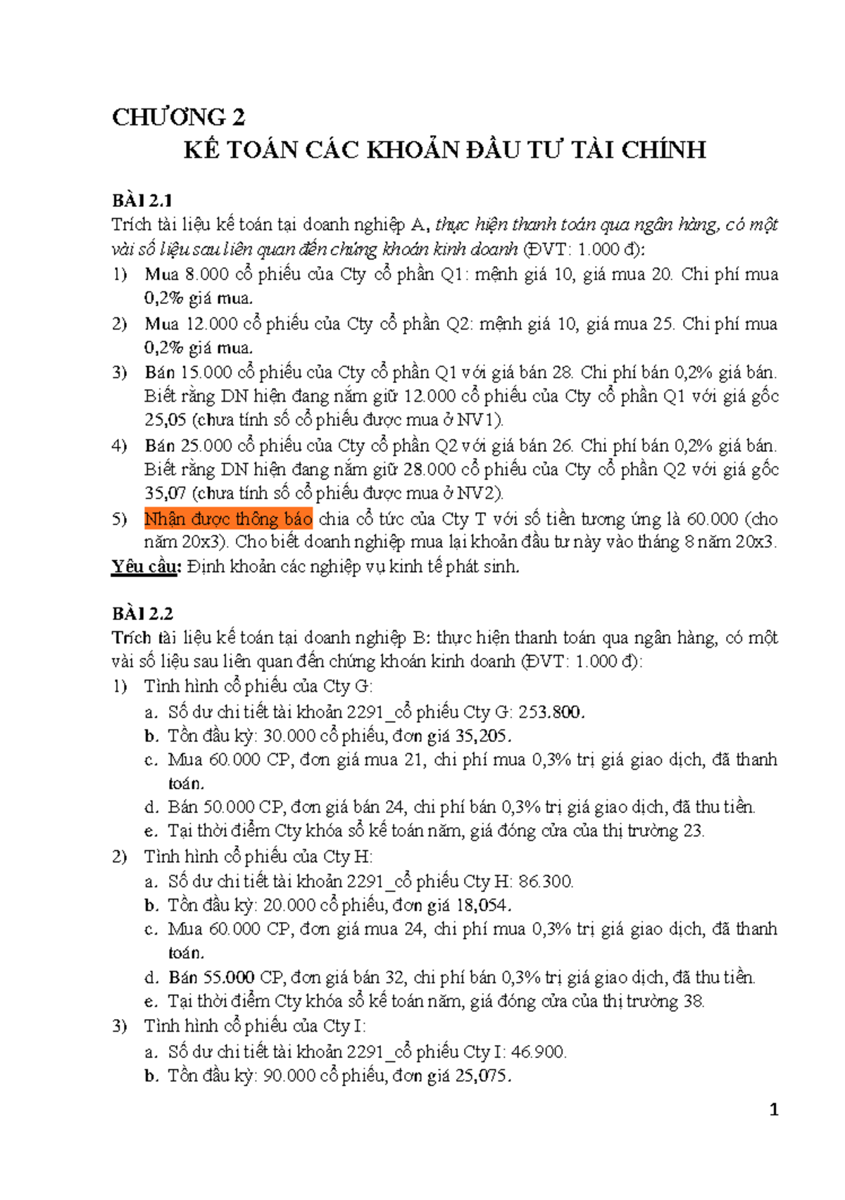 VI DU C2 - VI DU C2 KTTC - CHƯƠNG 2 KẾ TOÁN CÁC KHOẢN ĐẦU TƯ TÀI CHÍNH ...