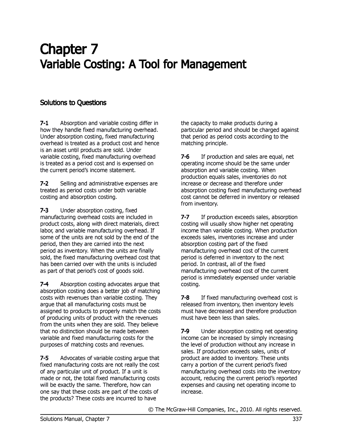 Chap007 - Chapter 7 Notes - Chapter 7 Variable Costing: A Tool For ...