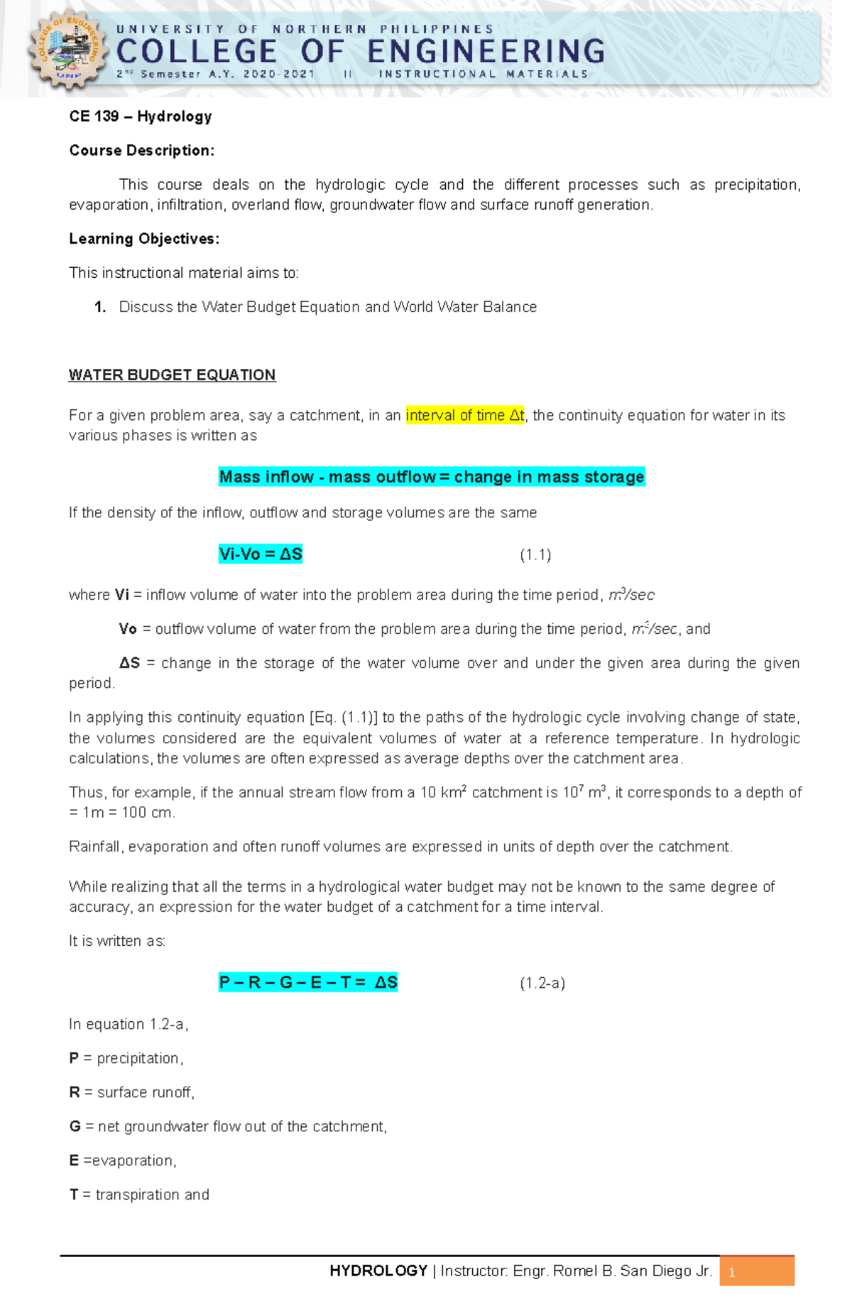 Hydrologic Budget Equation Examples