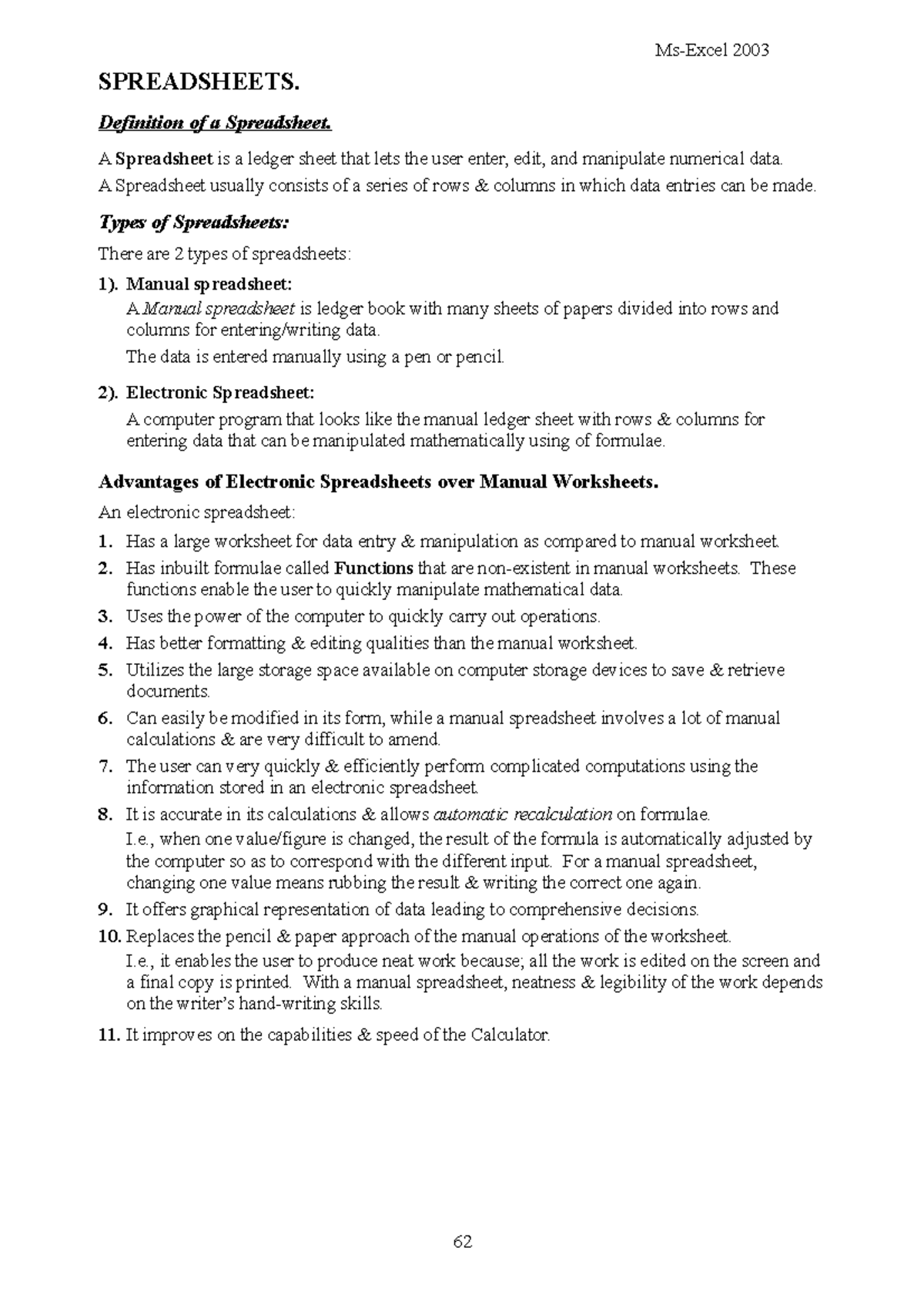 ms-excel-notes-2010-spreadsheets-definition-of-a-spreadsheet-a