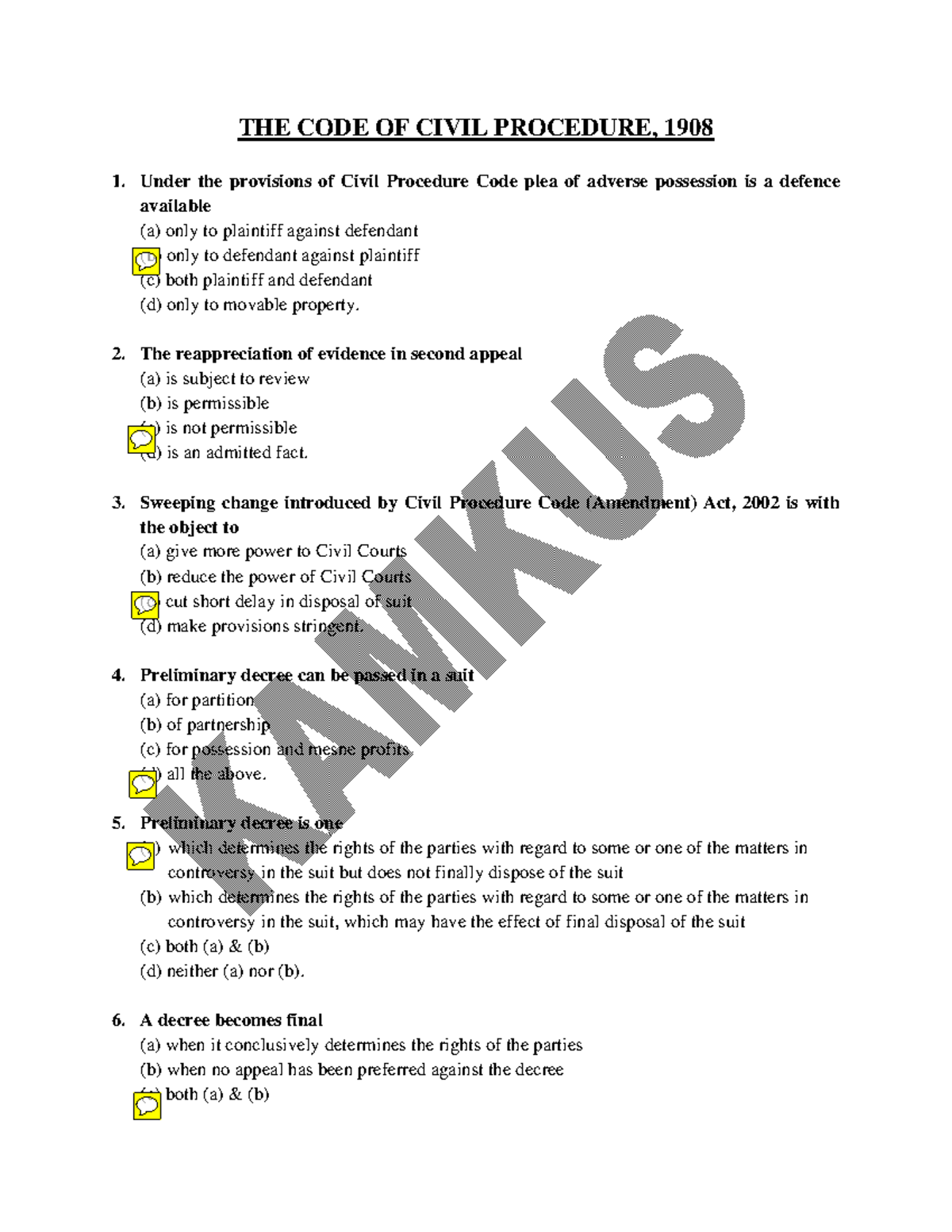 MCQ The Code of Civil Procedure 1908 - THE CODE OF CIVIL PROCEDURE ...