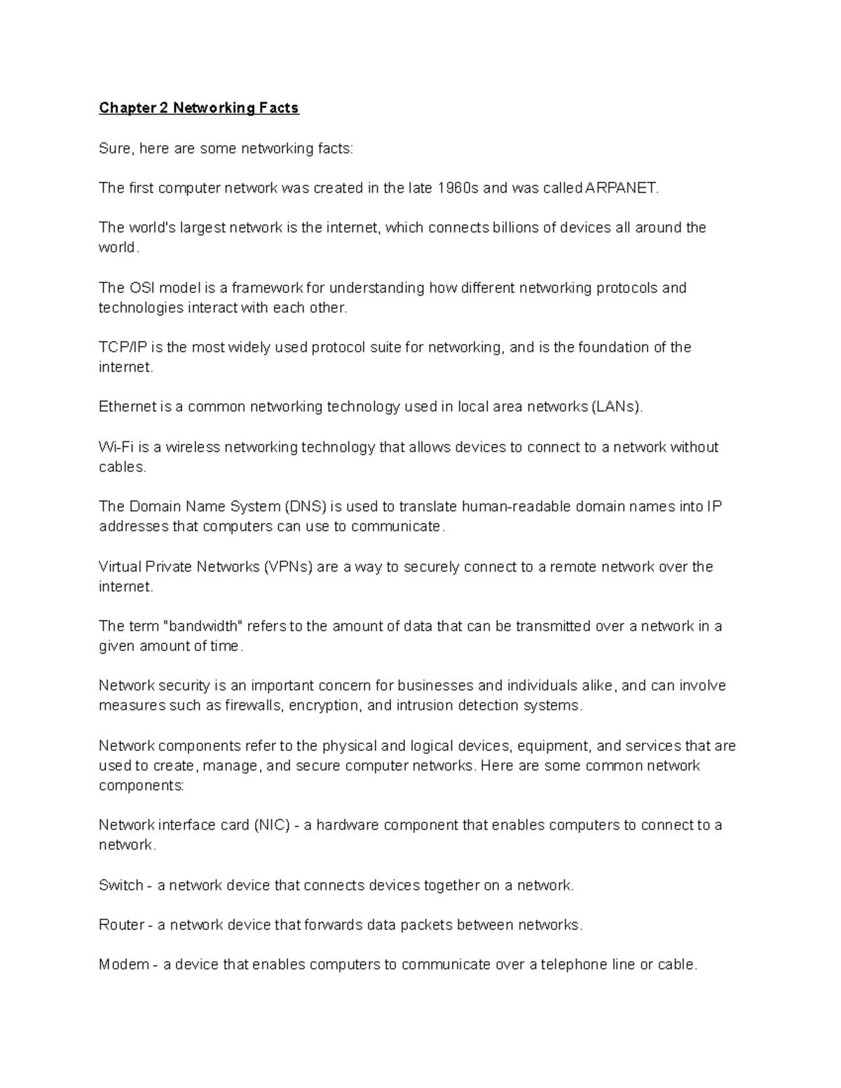 Chapter 2 Networking Facts Chapter 2 Networking Facts Sure, here are