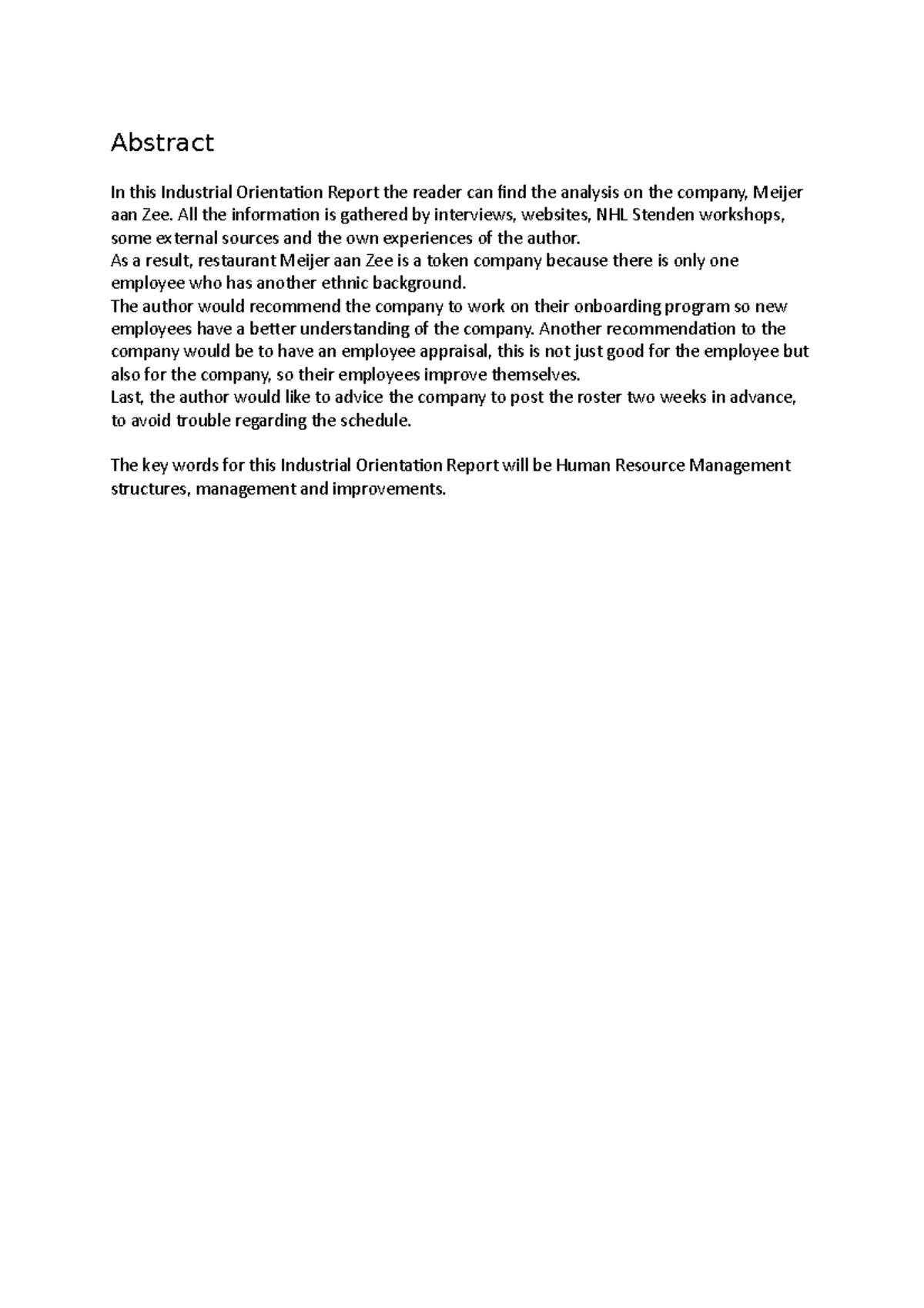 IO Report NHL Stenden Hospitality Management - Abstract In this ...