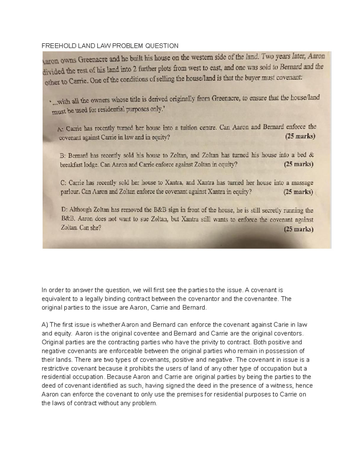 Freehold problem question FREEHOLD LAND LAW PROBLEM QUESTION In order