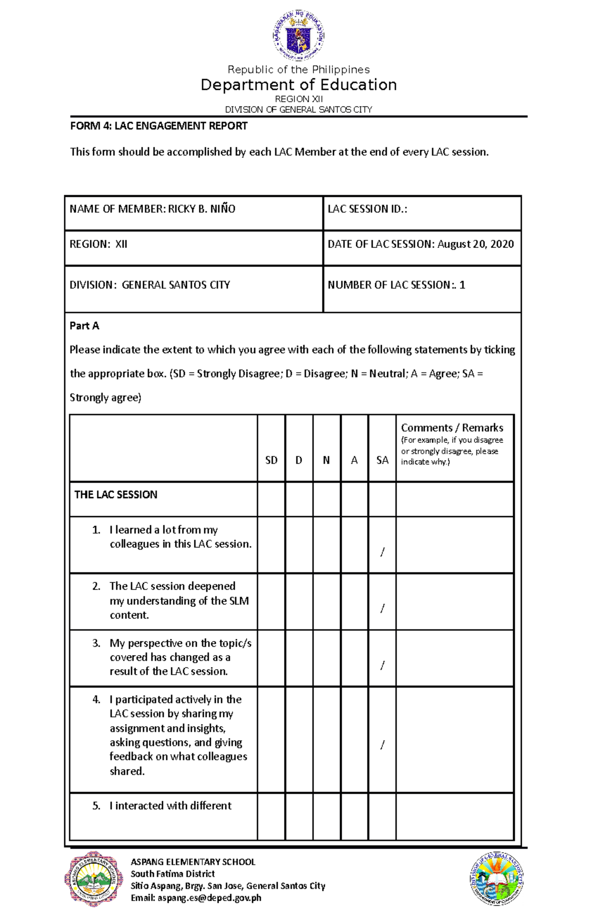 LAC Engagement Report (FORM 4) - Republic of the Philippines Department ...