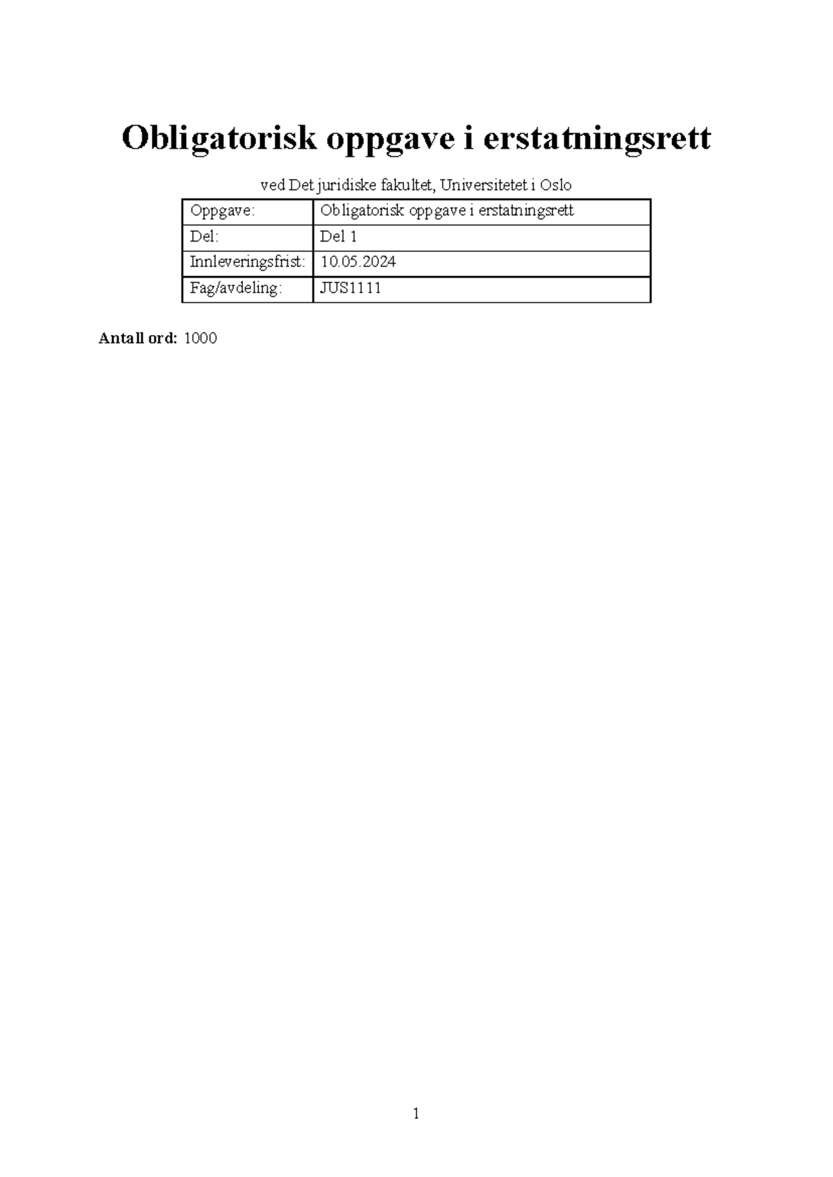 Obligatorisk Oppgave I Erstatningsrett 2024 - Obligatorisk Oppgave I ...