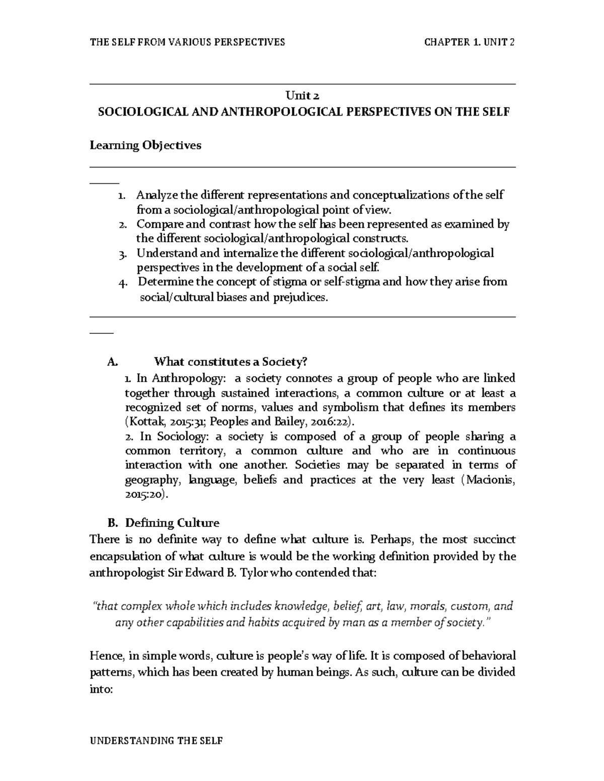 Chapter 1 - Unit 2: SOCIOLOGICAL AND ANTHROPOLOGICAL PERSPECTIVES ON ...