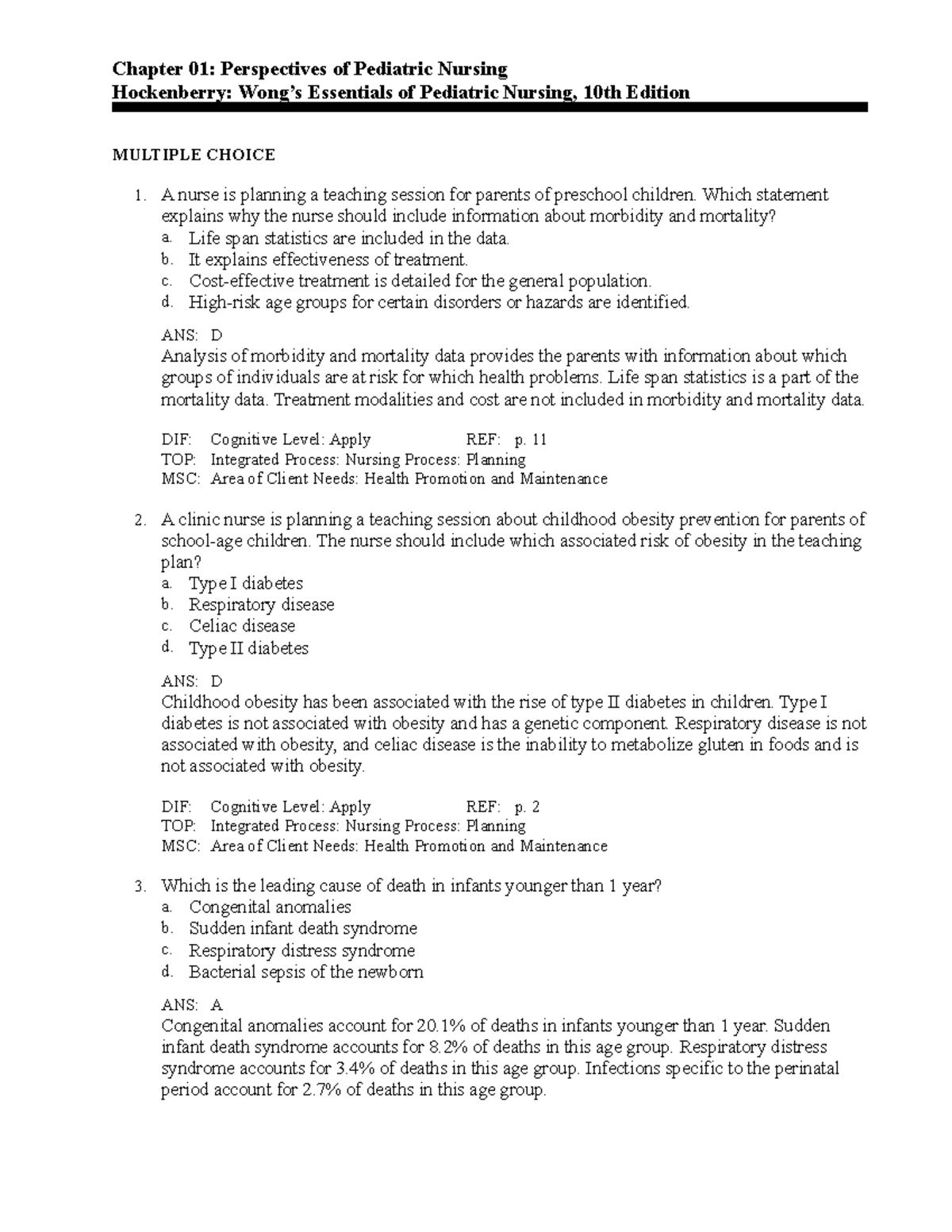 C1 - practice questions for peds edition 10 wong essentials of ...