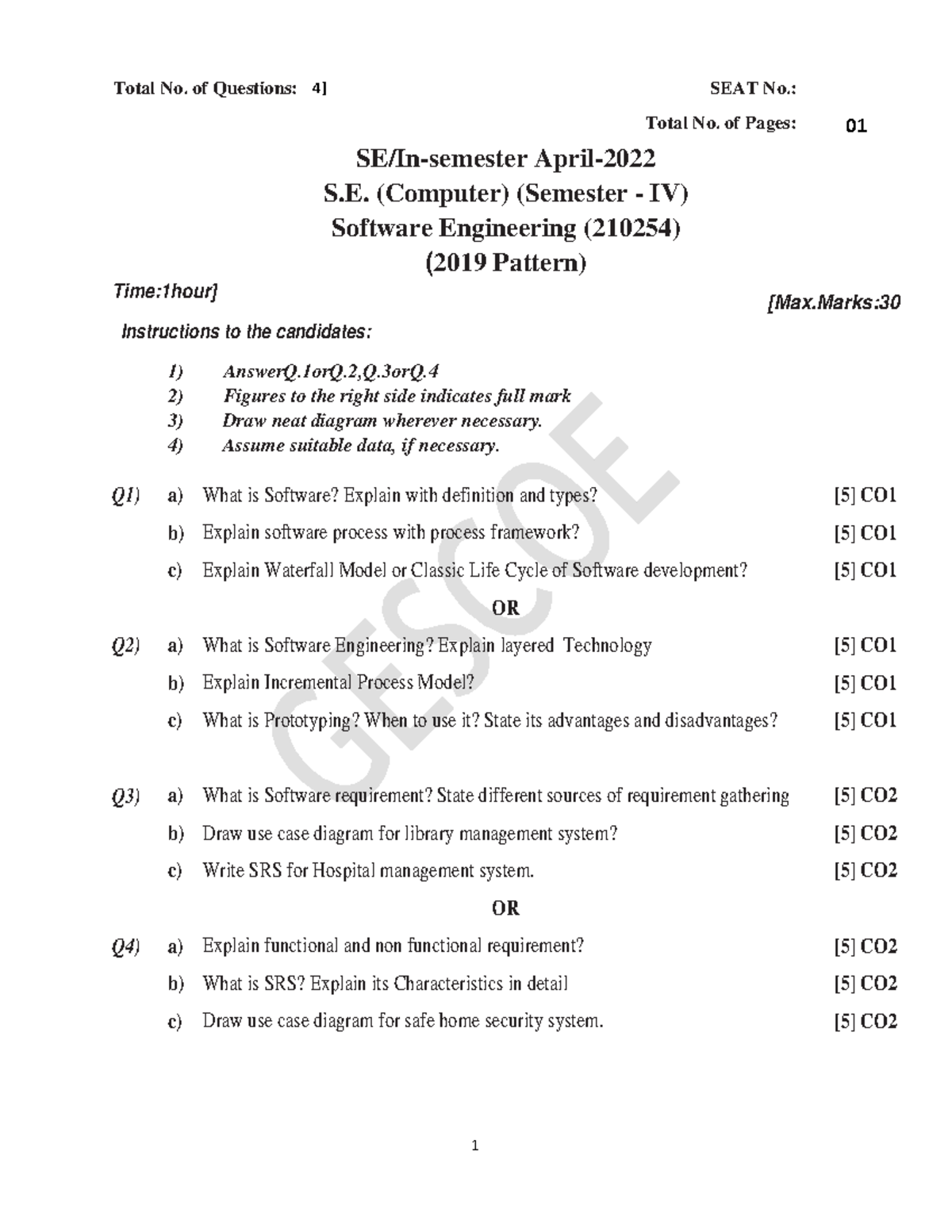 210254 Set-1 SE(2019 ) Software Engineering - 1 Total No. of Questions ...