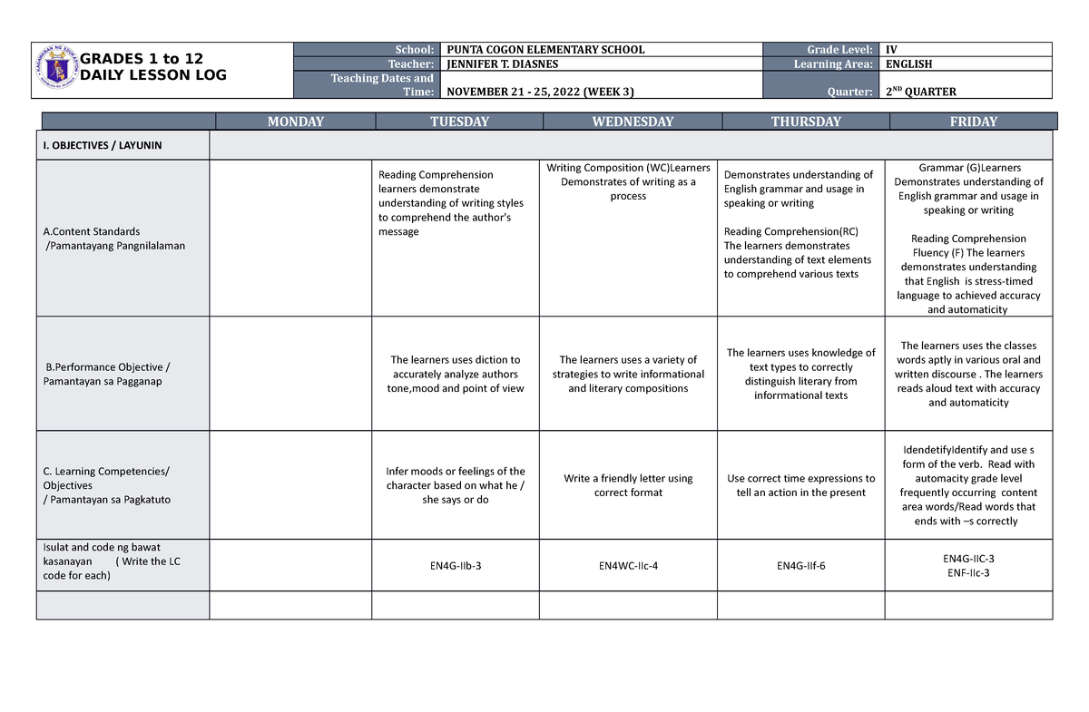 DLL English 4 Q2 W3 - DLL - GRADES 1 To 12 DAILY LESSON LOG School ...