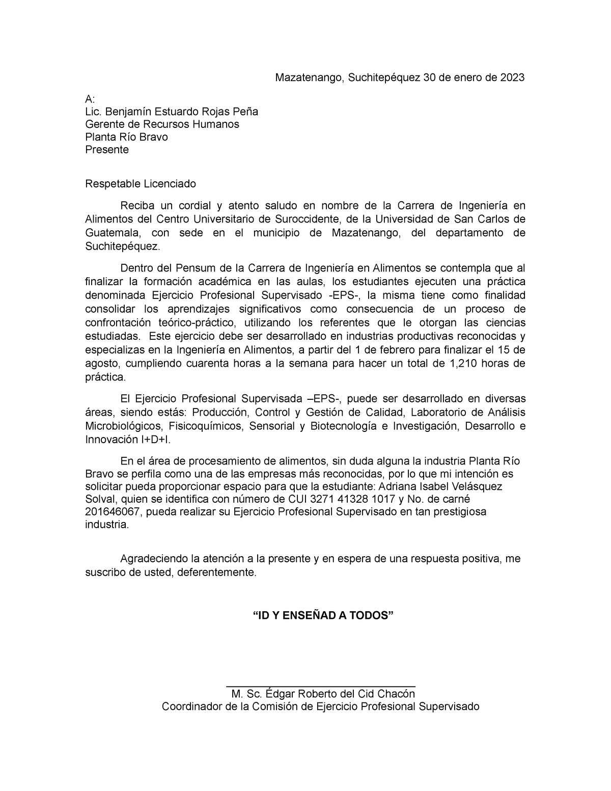 Carta Solicitud De Práctica Mazatenango Suchitepéquez 30 De Enero De