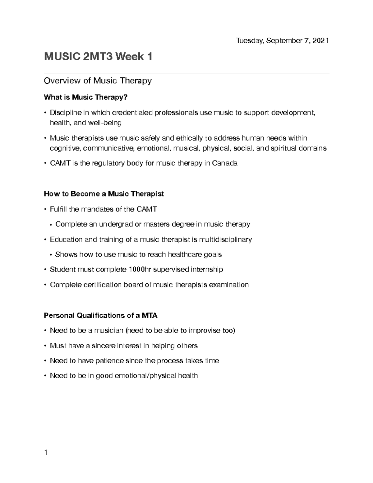 Overview of Music Therapy - Tuesday, September 7, 2021 MUSIC 2MT3 Week ...
