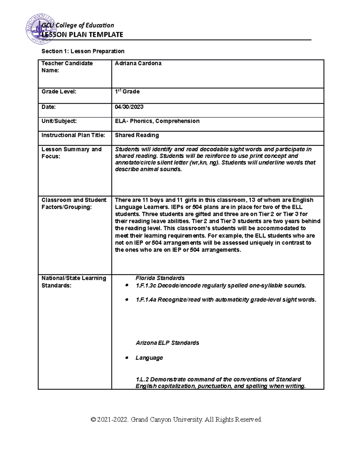 ESL-440N Benchmark - N/A - LESSON PLAN TEMPLATE Section 1: Lesson ...