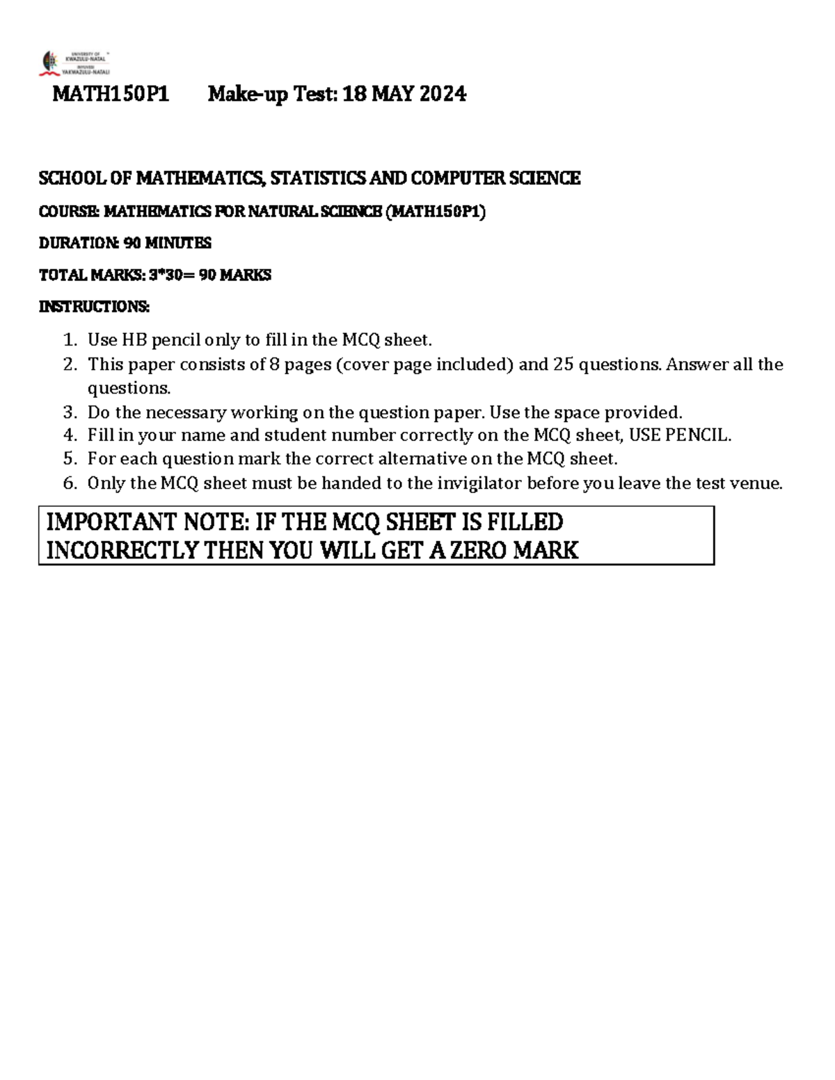 Make-up Test MATH150 1 - MATH150P1 Make-up Test: 18 MAY 2024 SCHOOL OF ...