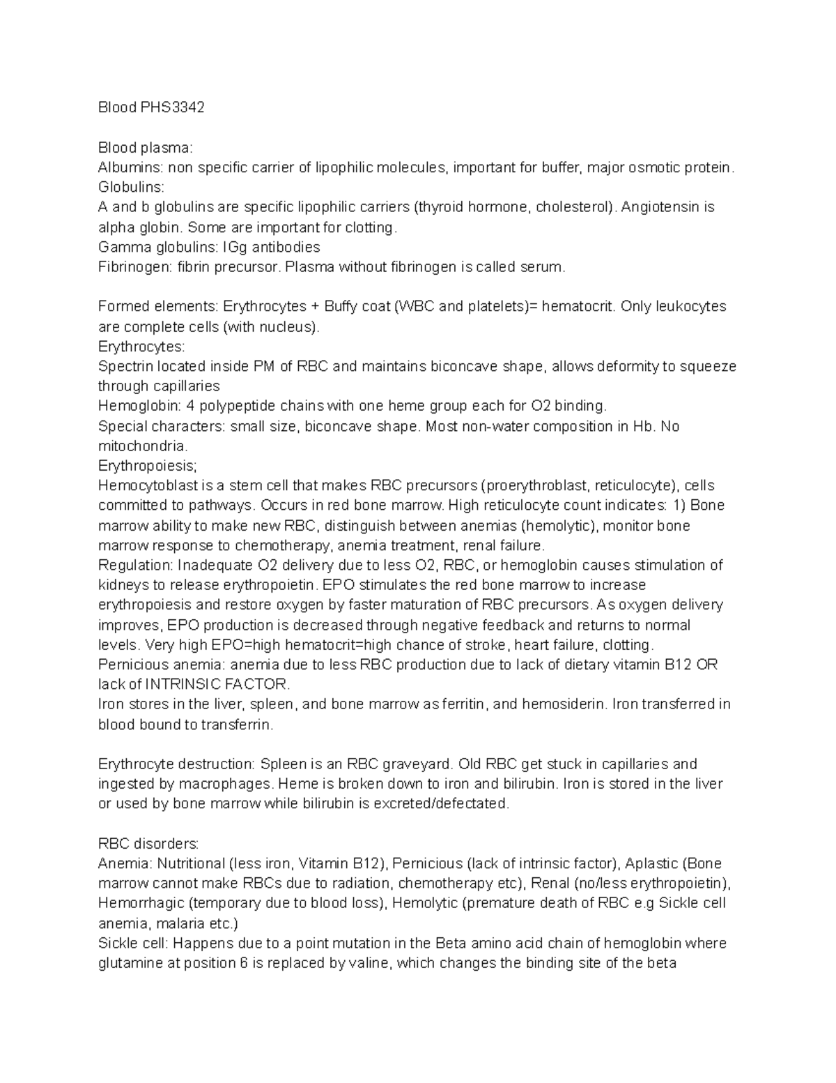 Blood PHS3342 - lecture notes for lecture 1, 2 and 3 - Blood PHS Blood ...