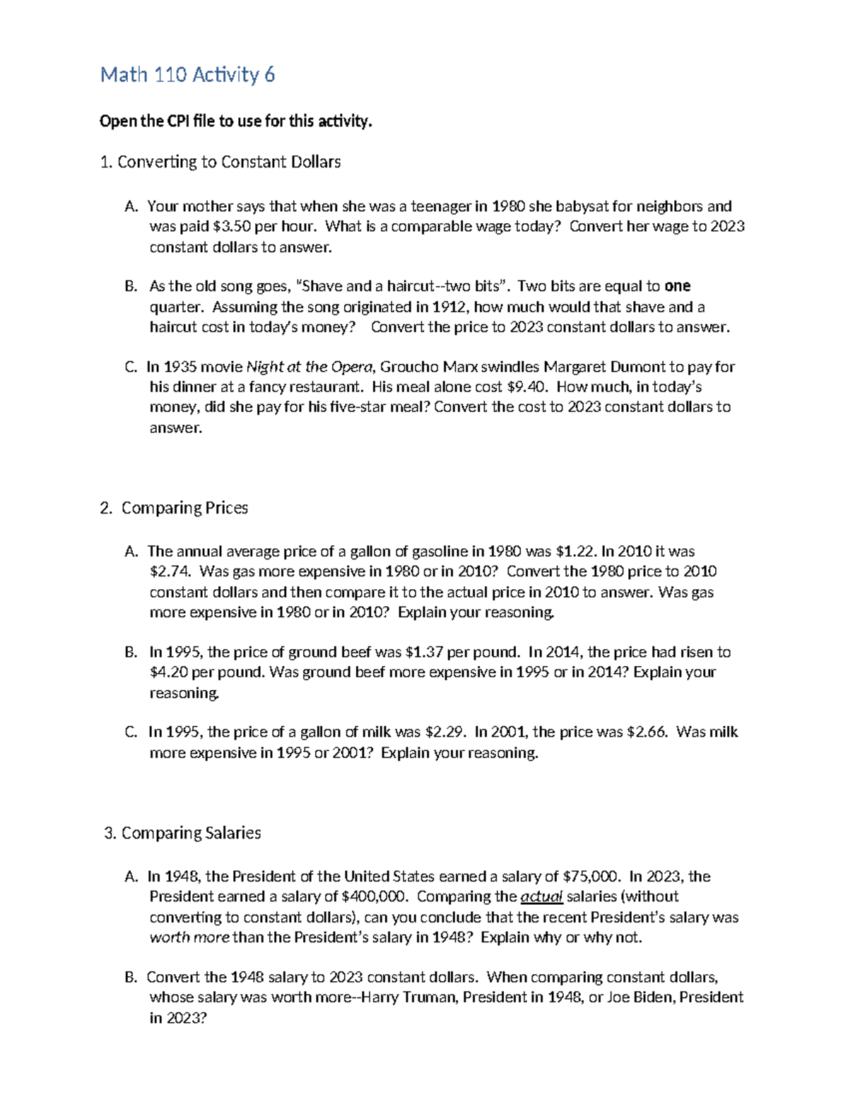 Activity 6 classwork - Math 110 Activity 6 Open the CPI file to use for ...