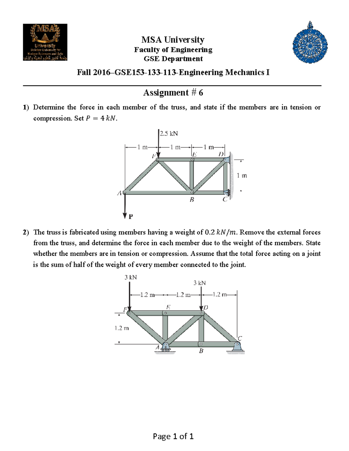 Mechanics - assignment 6 - fall 2016 - MSA University Faculty of ...