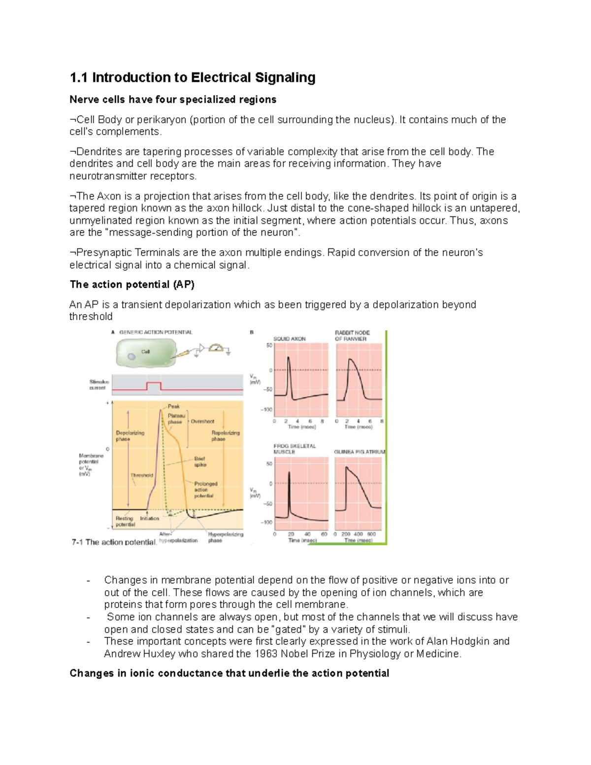 NEUR 301 EXAM Notes - 1 Introduction to Electrical Signaling Nerve ...