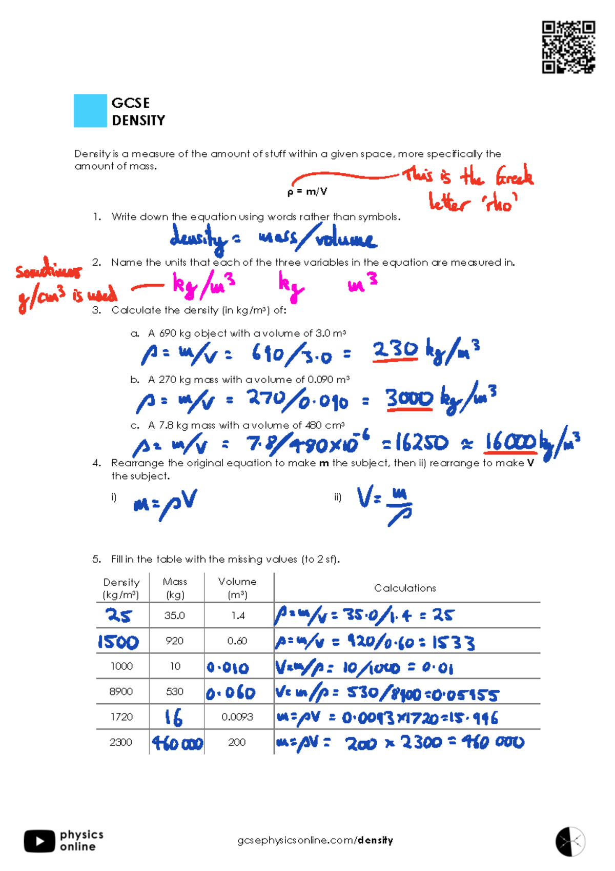 GCSE Density Answers - Gcsephysicsonline/ Density GCSE DENSITY Density ...