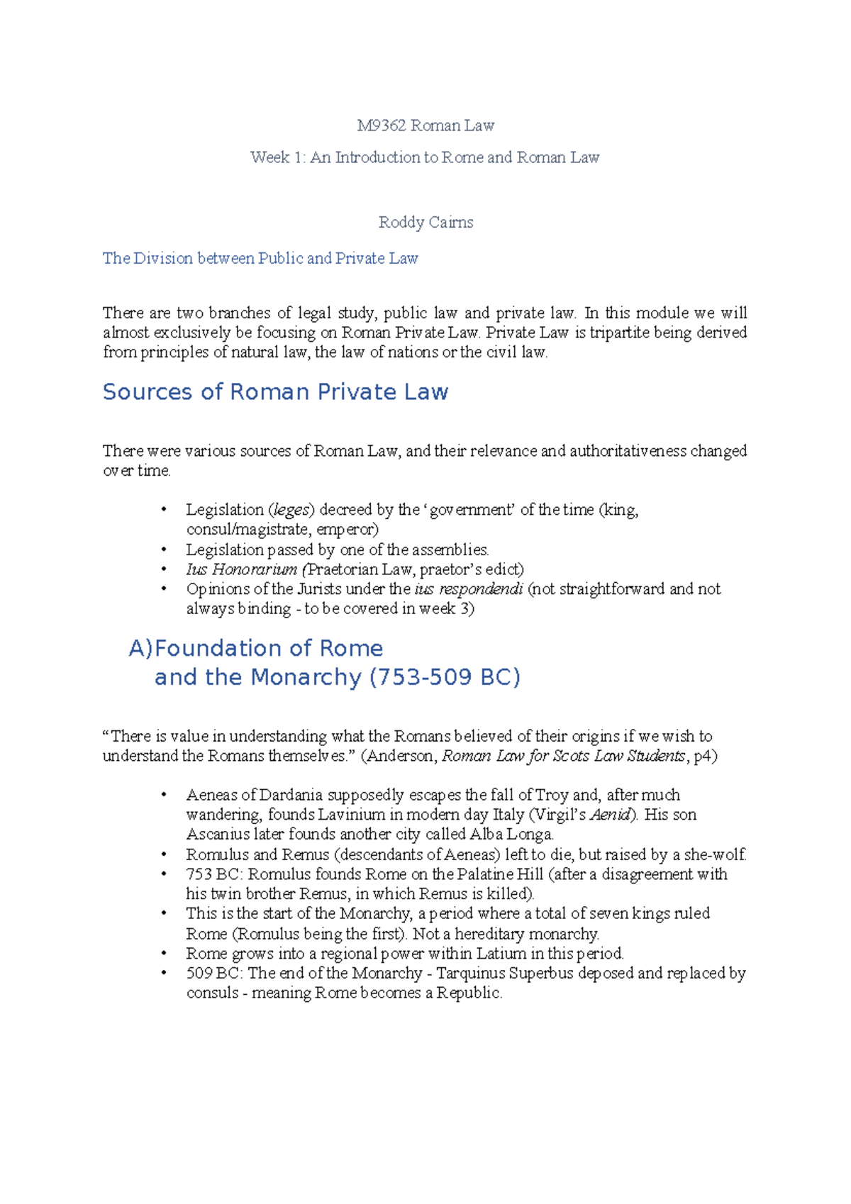 Week 1 Introduction to Rome and Roman Law - M9362 Roman Law Week 1: An ...