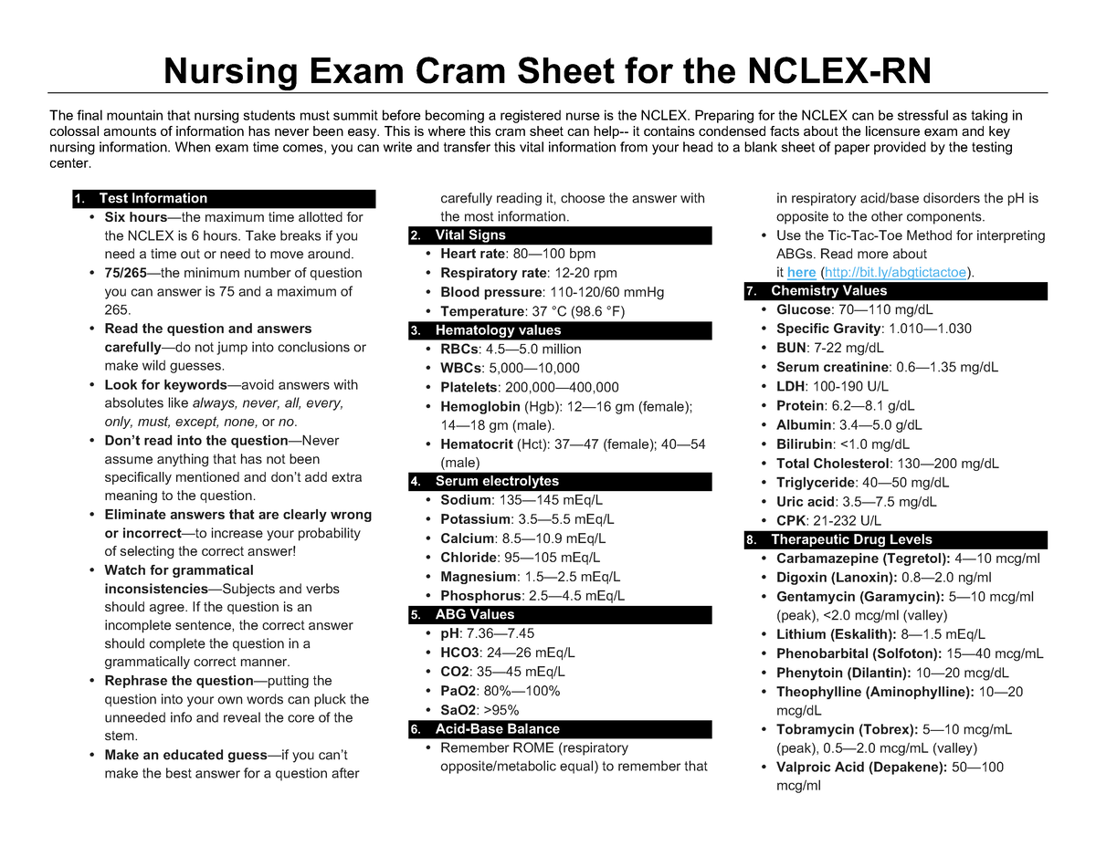 Nclex-Cram-Sheet for NCLEX - Nursing(Exam(Cram(Sheet(for(the(NCLEX6RN ...