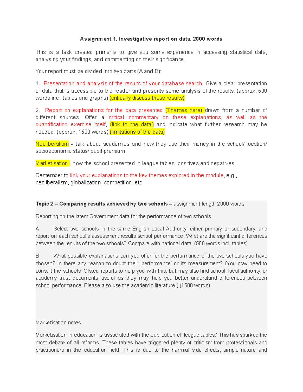 Essay 1 notes - Assignment 1. Investigative report on data. 2000 words ...