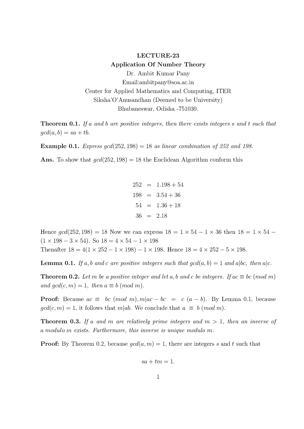 Lecturenotes 23 - Arjun Paul - LECTURE- Application Of Number Theory Dr ...