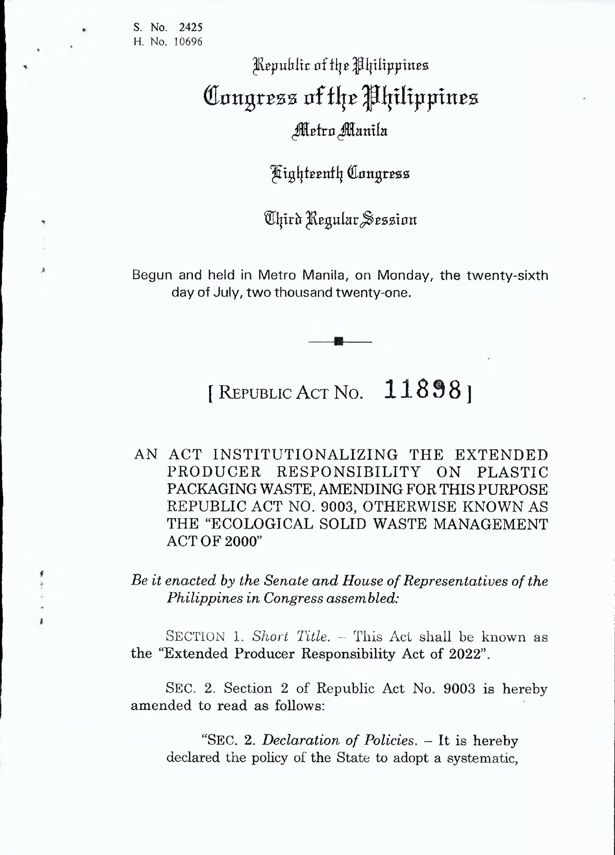 RMC No. 28-2023 Annex A - Republic Act No. 11898 - S. N O. 2 4 2 5 H. N ...