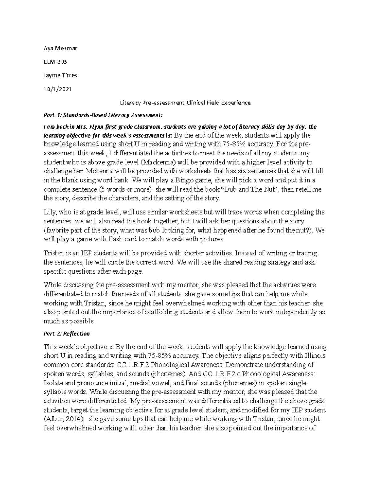 4th week reflection, Field experience hours ELM305 GCU Studocu